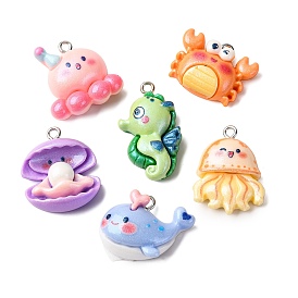 Подвески из непрозрачной смолы в виде морских организмов, разнообразные, с платиновой железной петлей и пудрой с блестками