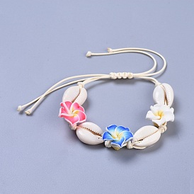 Adjustable Cowrie Shell Braided Bead Bracelets, with Korean Waxed Polyester Cord and Polymer Clay 3D Flower Plumeria Beads