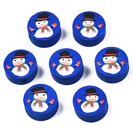Handmade Polymer Clay Beads, Christmas Style, Flat Round with Snowman