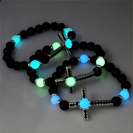 Luminous Natural Lava Rock Beaded Stretch Bracelets, Glow in the Dark, Cross