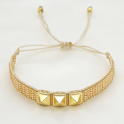 Glass Seed Braided Bead Bracelet, Flat Band Friendship Bracelet with Triple Stud for Women