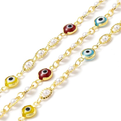 Handmade Eco-friendly Brass Flat Round & Oval Link Chain, with Glass Evil Eye & CCB Pearl Beaded, Long-Lasting Plated, Golden, Soldered, with Spool
