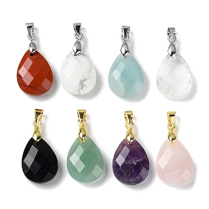 Gematone Pendants, Teardrop Charms, Faceted, with Ion Plating(IP) Golden/Platinum Plated Brass Findings