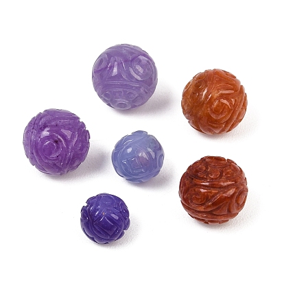 Perles sculptées en jade naturel teint du Myanmar et en jade birman, ronde