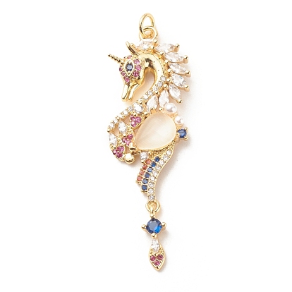 Brass Micro Pave Cubic Zirconia Pendants, with Cat Eye & Jump Ring, Cadmium Free & Lead Free, Real 18K Gold Plated, Sea Horse