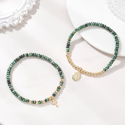 2шт. браслеты из натуральных и синтетических драгоценных камней, 304 женские браслеты с подвесками из нержавеющей стали, крест и девственница
