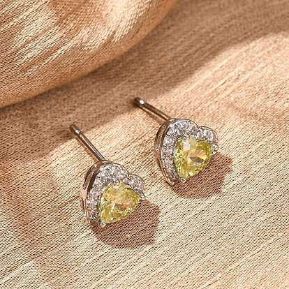 Серьги-гвоздики из латуни с микропаве и кубическим цирконием ко Дню святого Валентина, сердце, без кадмия и без свинца, долговечный, стойки покрытие