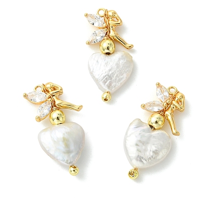 Подвески в форме сердца с микропаве из латуни в виде кубического циркония, выполненные в технике микропаве., с натуральным жемчугом кеши и гальванизированными немагнитными бусинами из синтетического гематита., золотые, сердце с волшебными подвесками