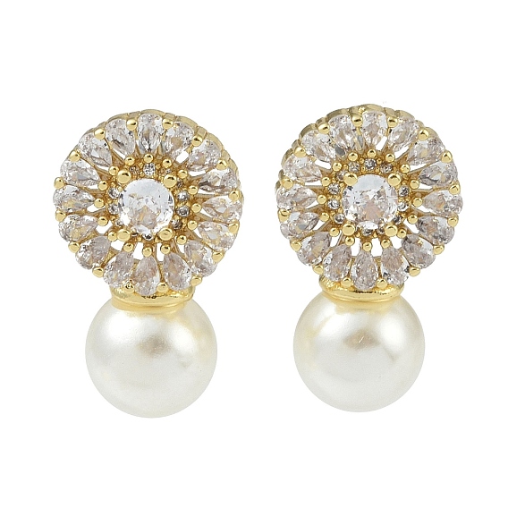 Стойка из латуни с бусинами из искусственного жемчуга из АБС-пластика, серьги кубического циркония, долговечный, без свинца и без кадмия, плоско-круглые