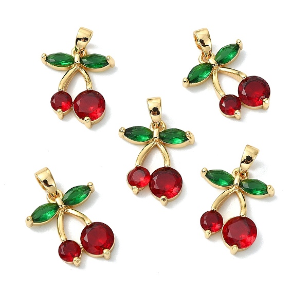 SHEGRACE Brass Cubic Zirconia Charms, Cheery Charms, Cadmium Free & Lead Free & Nickel Free, Red