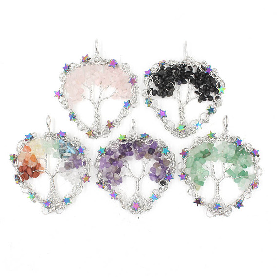 Большие подвески в форме сердца из медной проволоки с кусочками натуральных драгоценных камней, древо жизни прелести, платина