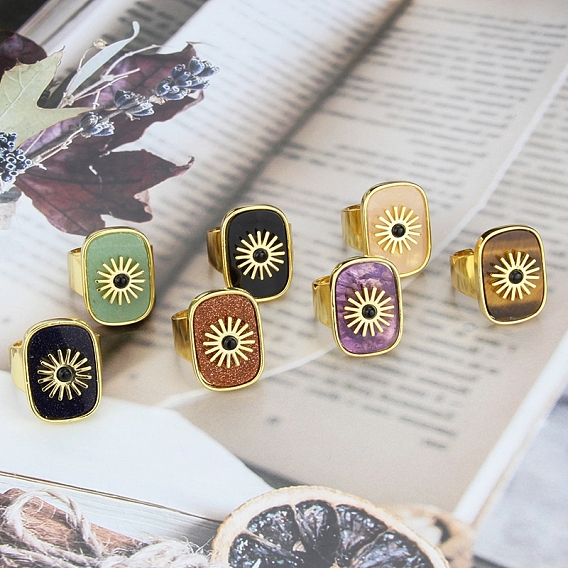 Прямоугольник с солнечными натуральными и синтетическими драгоценными камнями кольца на палец, латунные открытые манжеты кольца для унисекс