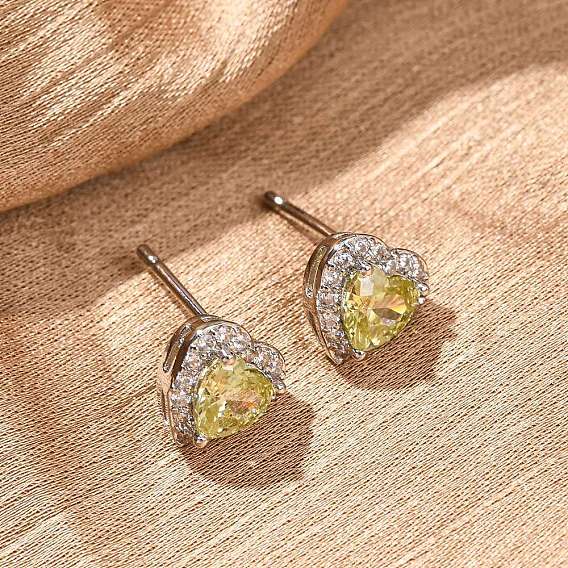 Серьги-гвоздики из латуни с микропаве и кубическим цирконием ко Дню святого Валентина, сердце, без кадмия и без свинца, долговечный, стойки покрытие