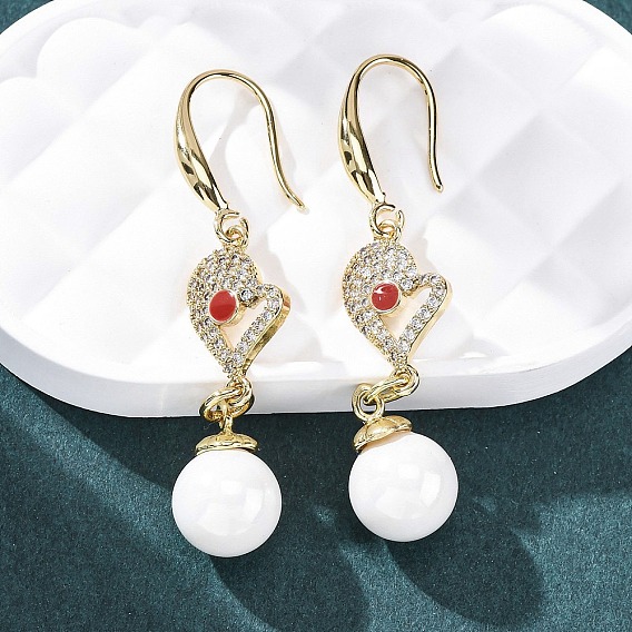 Серьги-подвески из латуни с прозрачным кубическим цирконием и прозрачным паве, с эмалью и искусственным жемчугом из АБС-пластика, стойки покрытие, долговечный, без свинца и без кадмия, сердце и круглый