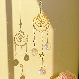 Metal Lotus Moon Window Hanging Suncatchers, with Glass Charm, for Home Pendant Decorations