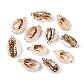 Electroplate Natural Cowrie Shell Pendants, Shell Shape Charms, with Brass Loops, Golden