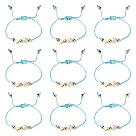 Ensemble de 4 bracelets en laiton avec cordon en polyester ciré coréen écologique et perles d'eau douce, Round & coeur