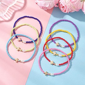 7 Браслеты из стеклянного бисера, эластичные, с латунным крестиком и искусственным жемчугом