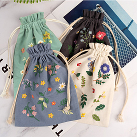 Flower Pattern DIY Drawstring Bag Embroidery Kit, including Embroidery Needles & Thread, Cotton Fabric