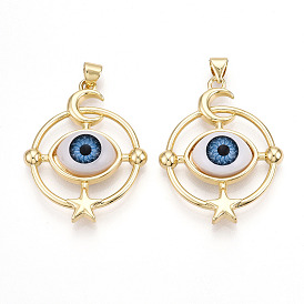 Подвески латуни cmолы, плоский круглый с глазом и луной и звездой