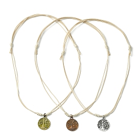 3pcs 3 ensemble de colliers avec pendentif arbre de vie en alliage de couleur et émail, colliers réglables en polyester ciré