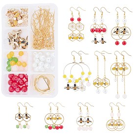 DIY Bee Earring Making Kits, Including Alloy Enamel Pendants, Alloy Links, Brass Links & Chains & Earring Hooks, Natural Malaysia Jade & Glass Beads