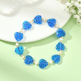 Handmade Millefiori Lampwork Heart & Natural Pearl Beaded Stretch Bracelets, Golden
