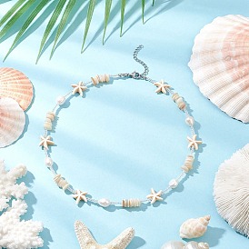 Летние пляжные синтетические морские звезды из бирюзы, натуральные пресноводные жемчужины, ракушки и стеклянные бусины для женщин, цветочный белый