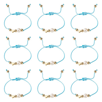 Ensemble de 4 bracelets en laiton avec cordon en polyester ciré coréen écologique et perles d'eau douce, Round & coeur