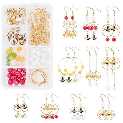 DIY Bee Earring Making Kits, Including Alloy Enamel Pendants, Alloy Links, Brass Links & Chains & Earring Hooks, Natural Malaysia Jade & Glass Beads