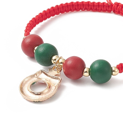 Christmas Themed Alloy Enamel Charm Bracelet, Wood Round Braided Adjustable Bracelet for Women, Mixed Shape