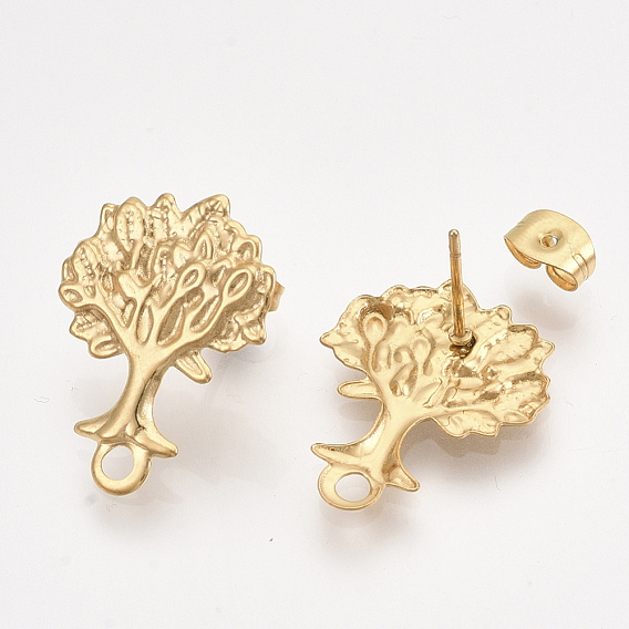 304 Stainless Steel Stud Earring Findings, with Loop and Ear Nuts/Earring Backs, Tree