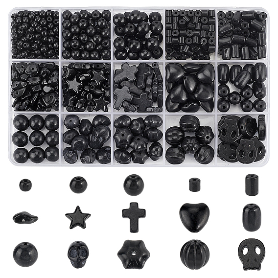 Наборы бусин из окрашенной синтетической бирюзы и натурального обсидиана, разнообразные