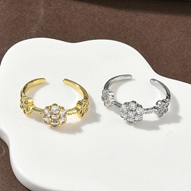 Открытые кольца манжеты из латуни с микропаве и кубическим цирконием, цветок, без кадмия и без свинца, стойки покрытие, долговечный