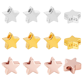 12pcs 3 couleurs 925 perles en argent sterling, étoiles, sans nickel, avec cachet s