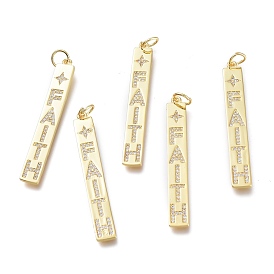 Brass Micro Pave Clear Cubic Zirconia Pendants, Inspirational Message Pendants, with Jump Rings, Long-Lasting Plated, Rectangle & Word Faith & Star