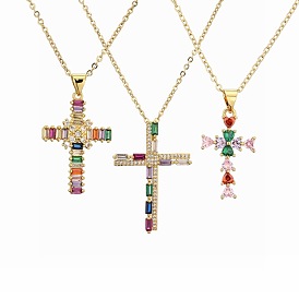 Colorful CZ Cross Pendant Necklace for Women, Minimalist Design