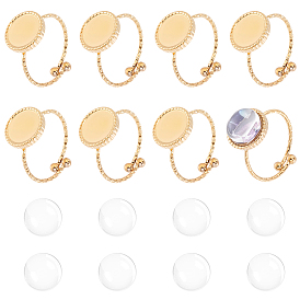 8 Stück 304 Offene Manschettenringkomponente aus Edelstahl, Ringeinstellungen, Flachrund, 8pcs transparente Glascabochons
