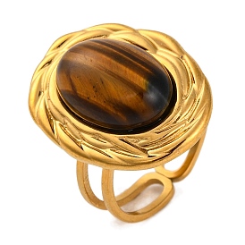 Oval Natural Tiger Eye Finger Rings, Golden Tone 304 Stainless Steel Cuff Rings for Women