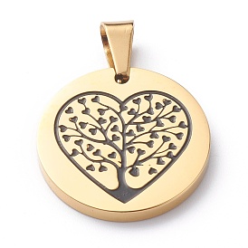 304 Stainless Steel Pendants, with Enamel, Polishing, Flat Round with Heart & Tree