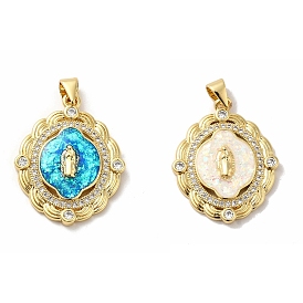 Rack Plating Brass Micro Pave Cubic Zirconia with Synthetic Opal Pendants, with Jump Ring, Lead Free & Cadmium Free, Long-Lasting Plated, Oval with Saint, Real 18K Gold Plated