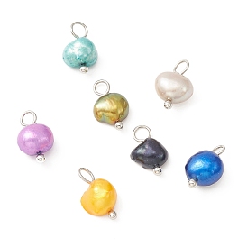 Dyed Natural Cultured Freshwater Pearl Charms, Two Sides Polished, with Brass Loops, Mixed Color