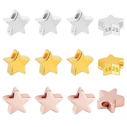 12pcs 3 couleurs 925 perles en argent sterling, étoiles, sans nickel, avec cachet s