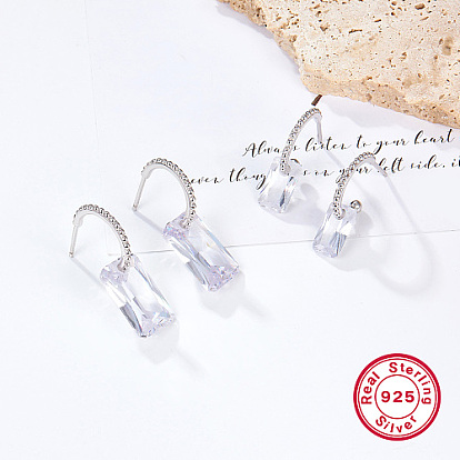 Rhodium Plated 925 Sterling Silver Half Hoop Earrings, Cubic Zirconia Rectangle Dangle Stud Earrings, with 925 Stamp