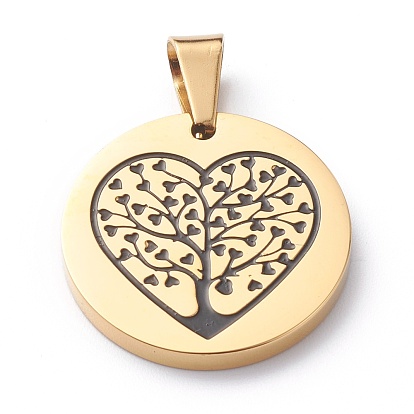 304 Stainless Steel Pendants, with Enamel, Polishing, Flat Round with Heart & Tree