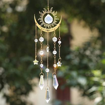 Alloy Sun & Moon Hanging Ornaments, Teardrop Glass Tassel Suncatchers for Home Outdoor Decoration