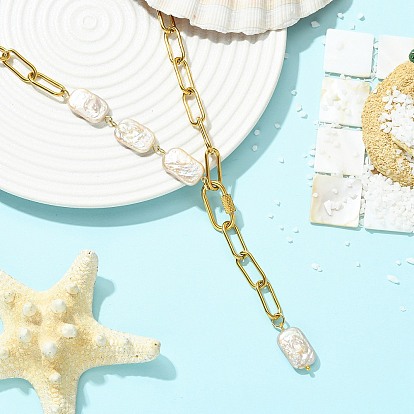 Регулируемая цепочка из нержавеющей стали в виде скрепки, ожерелье из натурального барочного жемчуга кеши в форме прямоугольника Y, Lariat ожерелья, белые