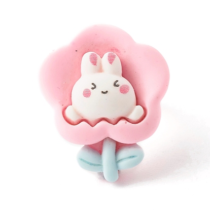 Flower with Rabbit Resin Adjustable Ring, Brass Jewelry for Women