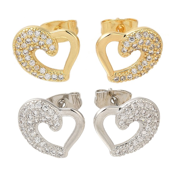 Серьги-гвоздики с прозрачным паве из латуни с кубическим цирконием, полые сердца, слева и справа