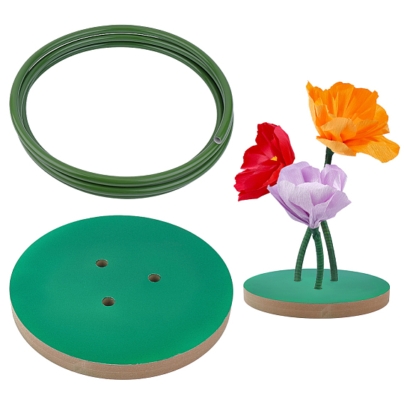 1Pc Wood Flower Pole Display Stand Base, Flat Round, with 1 Bundle PVC Aluminum-plastic Pipe